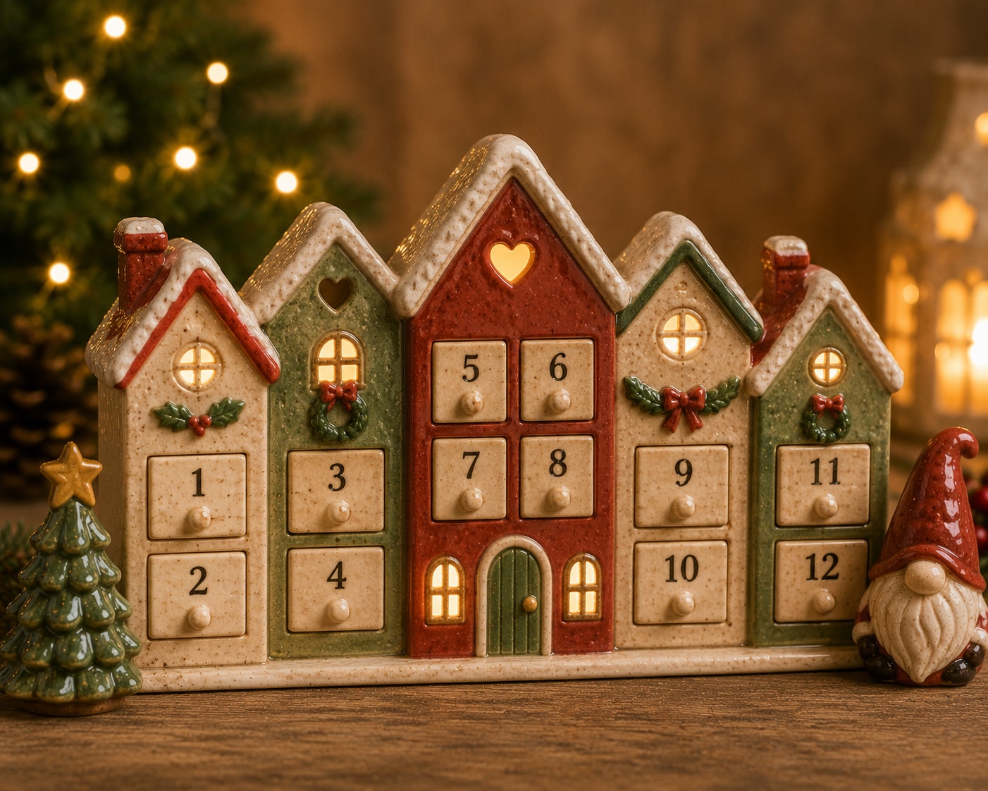 Ceramic advent house calendar with numbered drawers and warm glowing windows