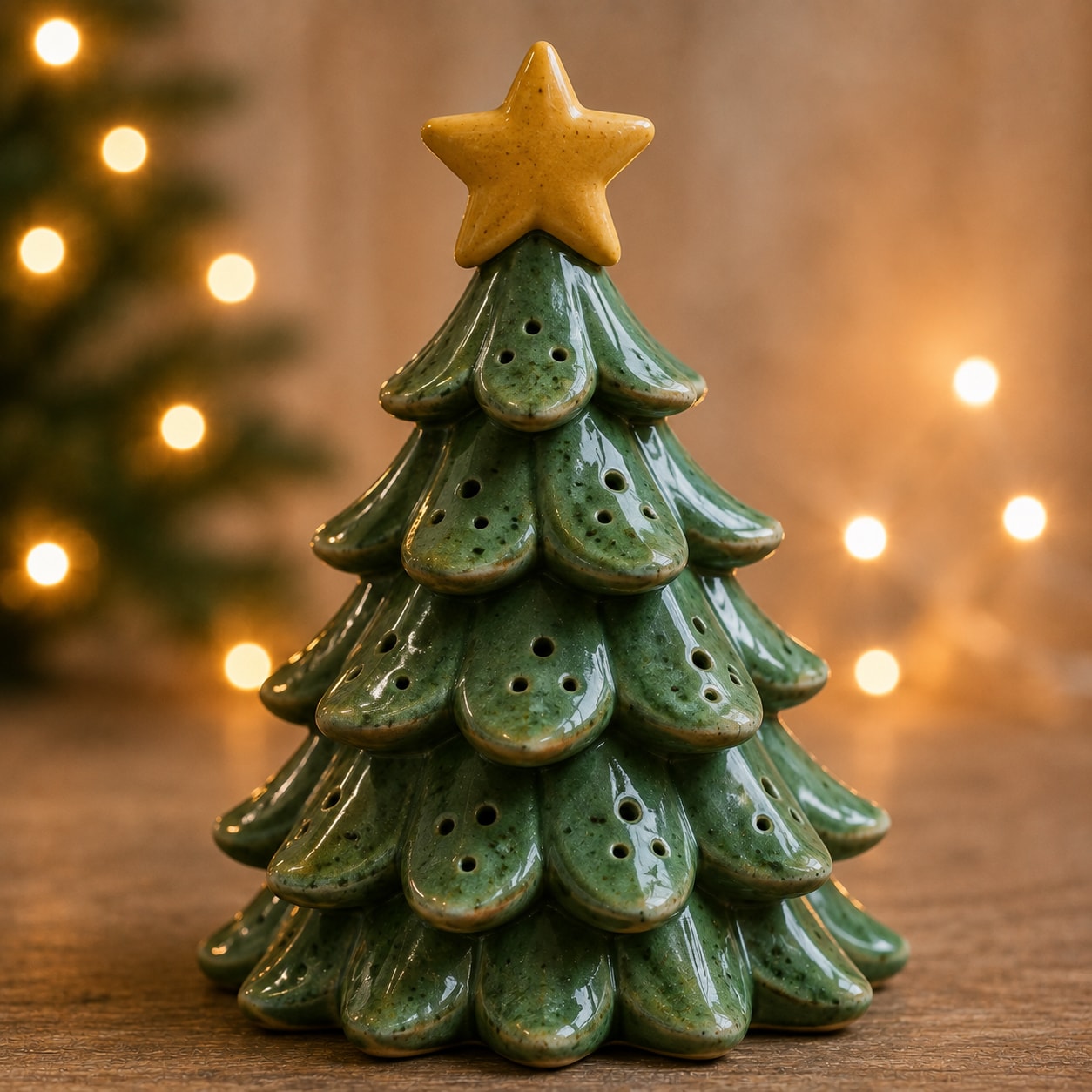 Glazed ceramic Christmas tree with gold star topper