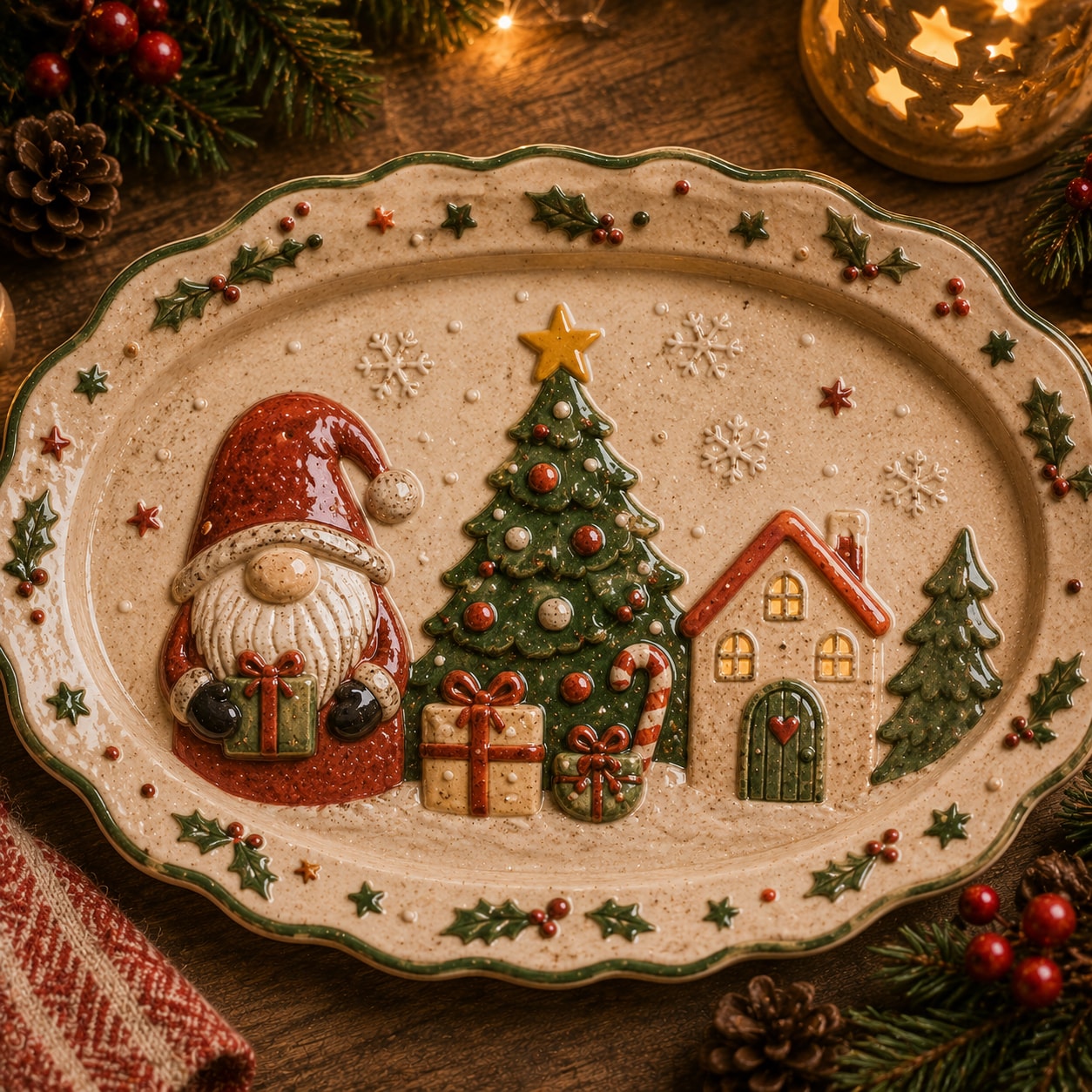Ceramic Christmas platter with gnome, tree, gingerbread house and holly border