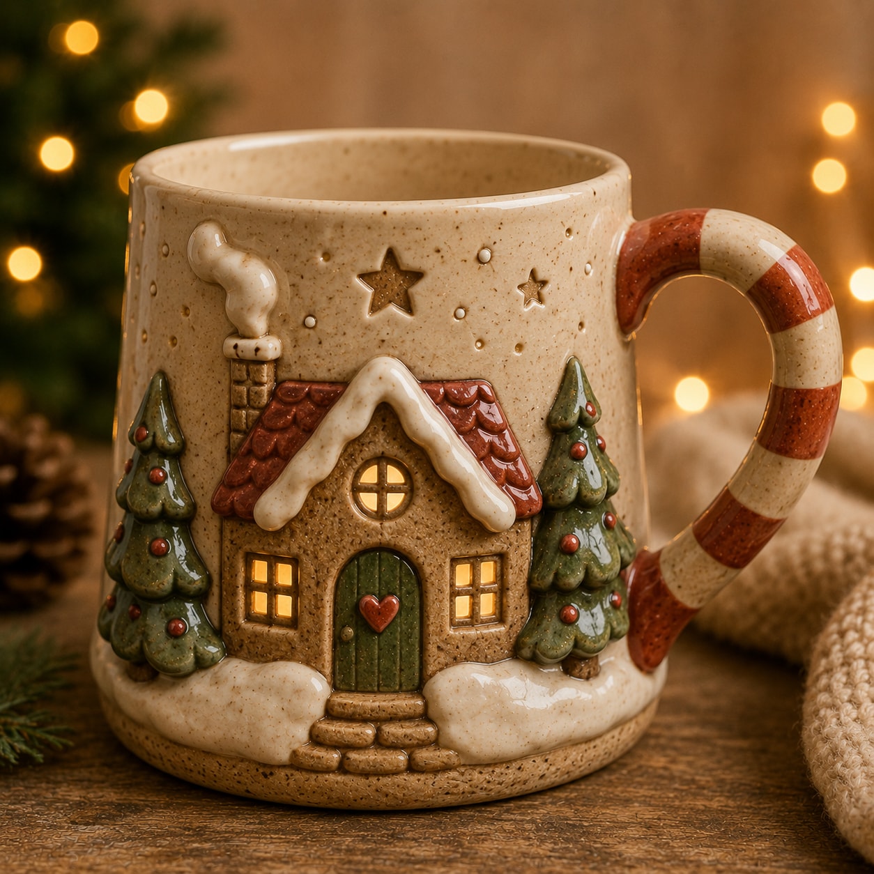 Handmade ceramic Christmas mug with festive cottage design