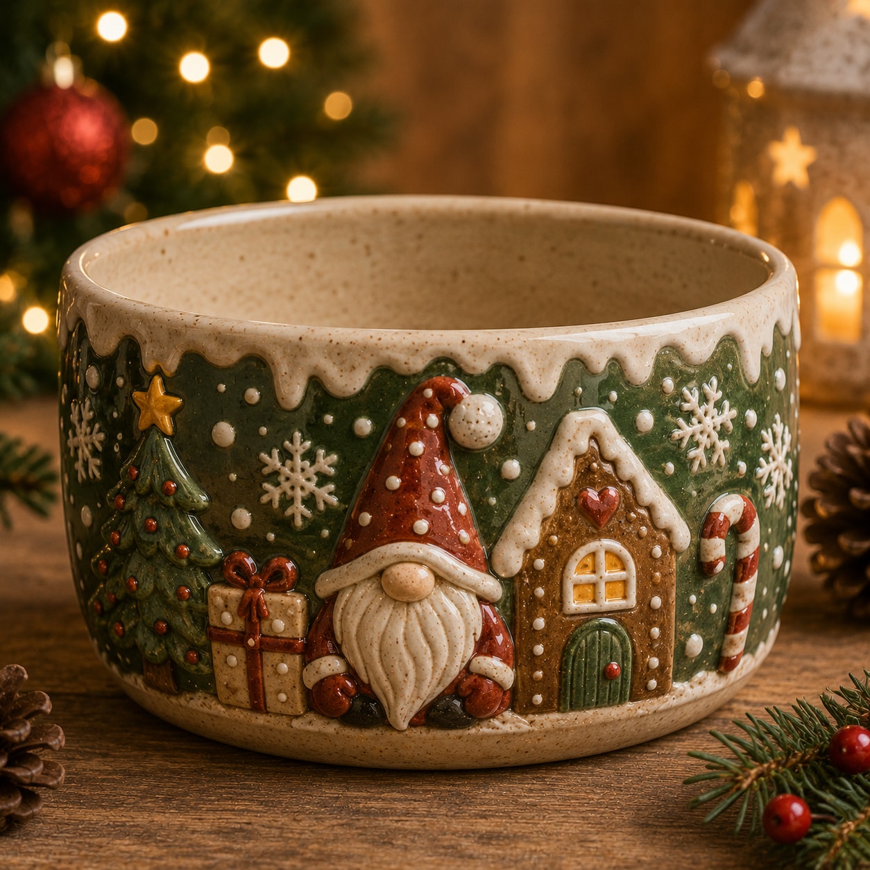 Ceramic festive bowl with gnome, gingerbread house and snowflake relief