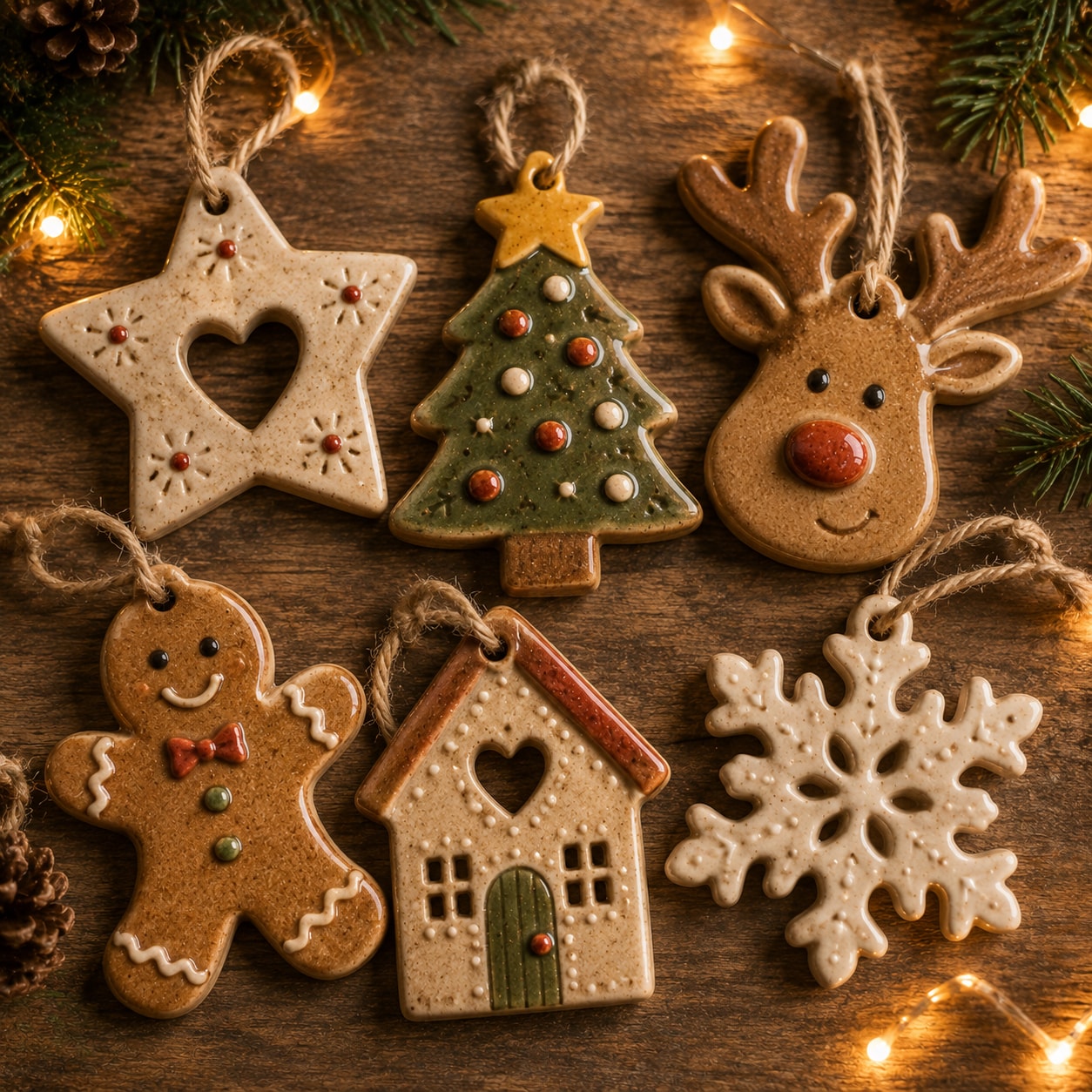 Handmade ceramic hanging Christmas decorations on twine