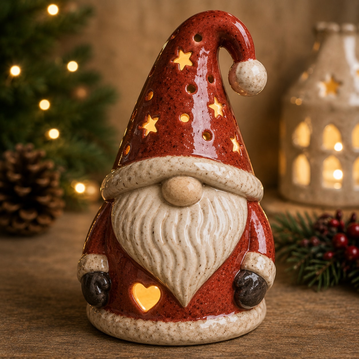 Handmade ceramic Santa gonk with glowing star hat and heart detail