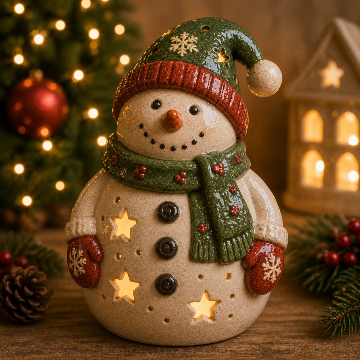 Ceramic snowman with green hat, red mittens and glowing star cut-outs