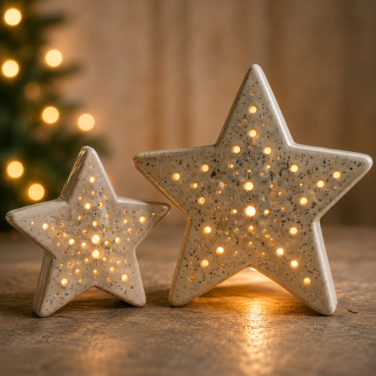 Ceramic star lanterns glowing with warm light