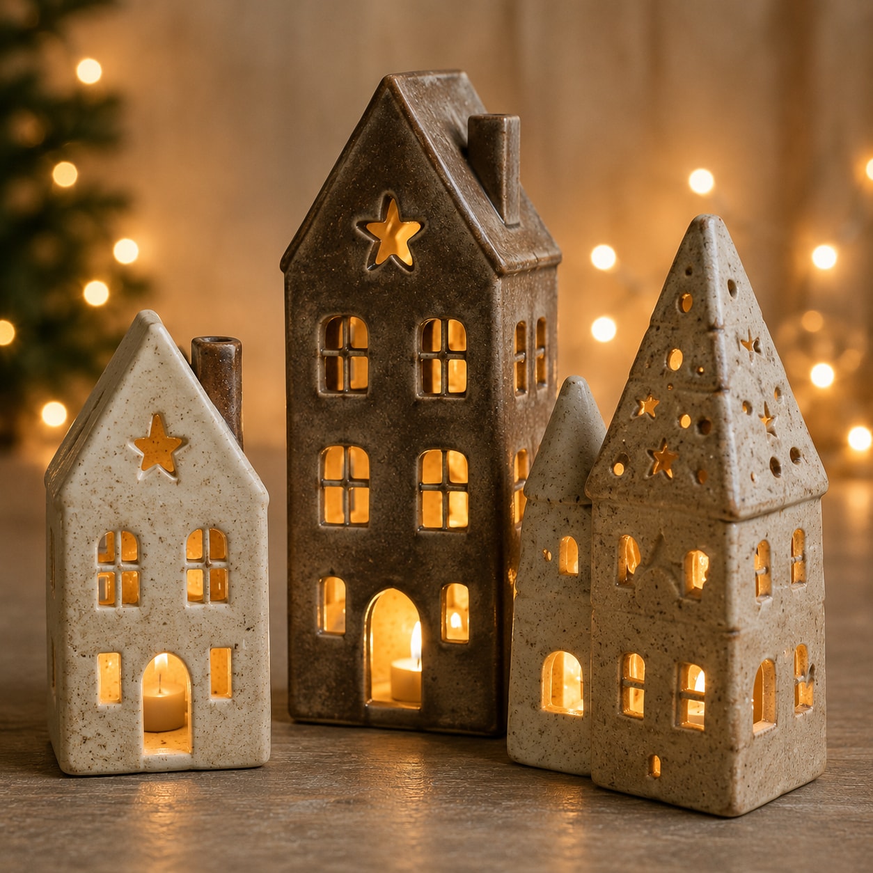 Illuminated ceramic tea light village houses